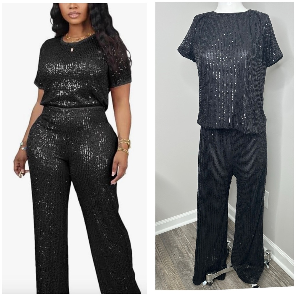 Black Sequin Women's Jumpsuit- PRELOVED- LARGE